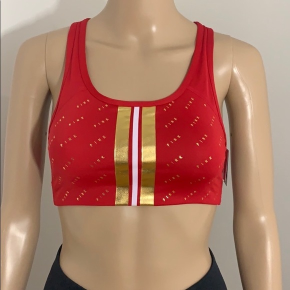 LAST ONE - New Victoria’s Secret Pink Ultimate Sports Bra Red & Gold Size XS - Picture 1 of 13